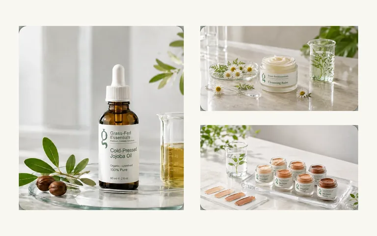 Cosmetic oils, balm and color samples illustrating custom tallow formulation development