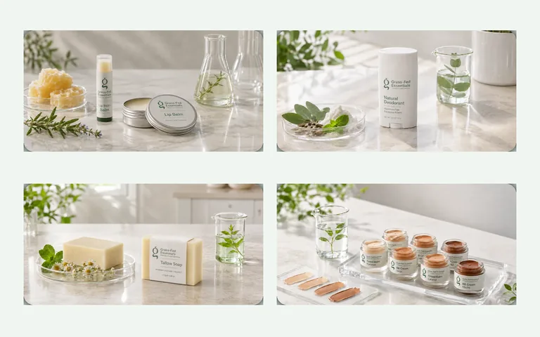 Examples of tallow skincare packaging formats including balm, deodorant, soap and color products