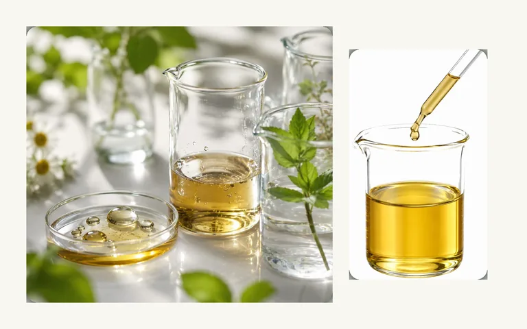 Laboratory glassware and cosmetic formulation sample used to illustrate quality control