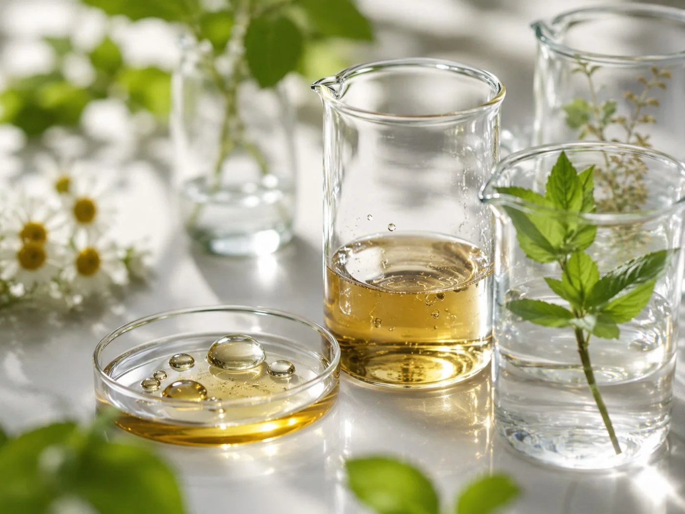Beakers of carrier oil and fresh botanicals on a sunlit lab bench