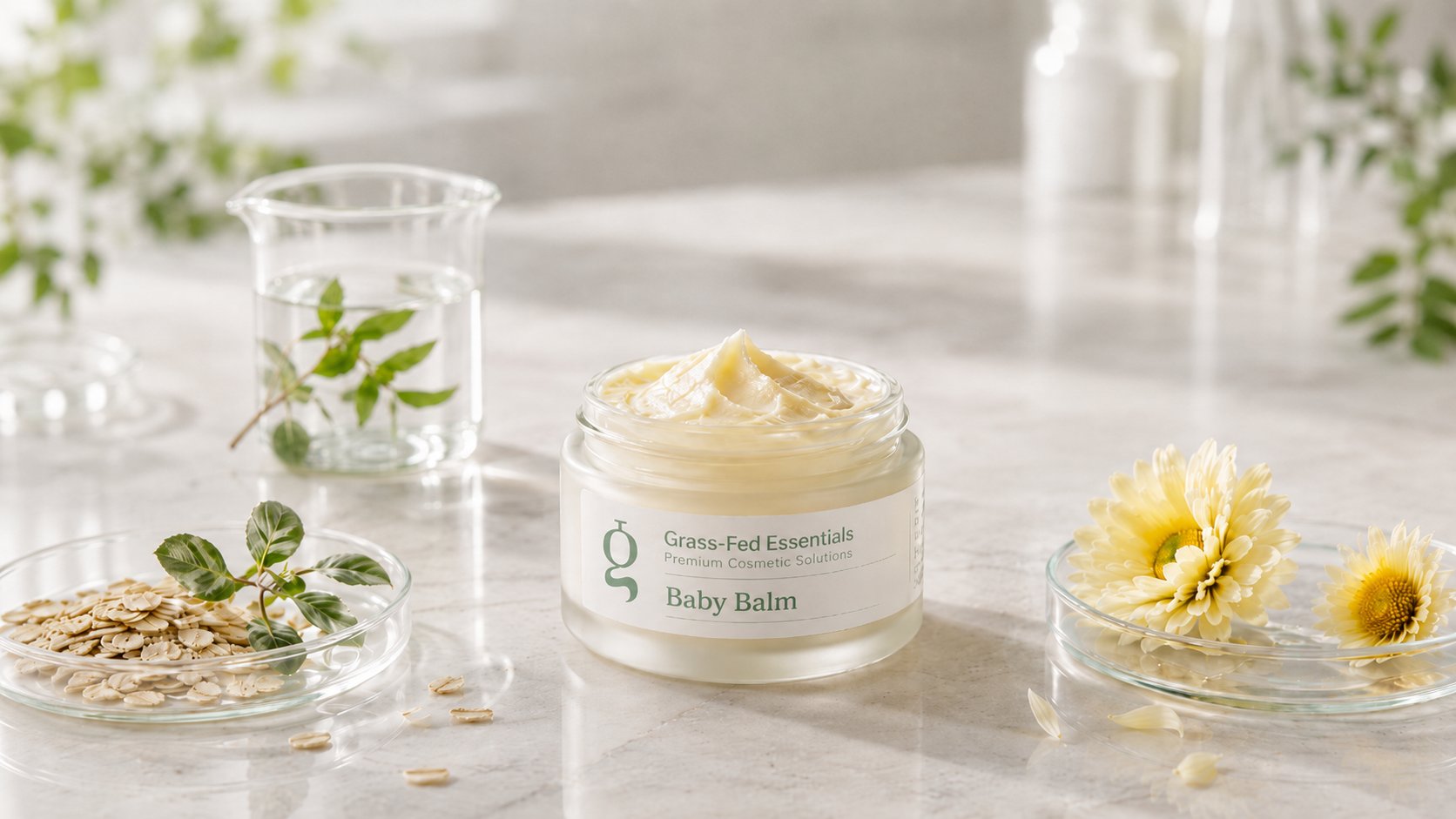 White-label whipped tallow baby balm in an open glass jar