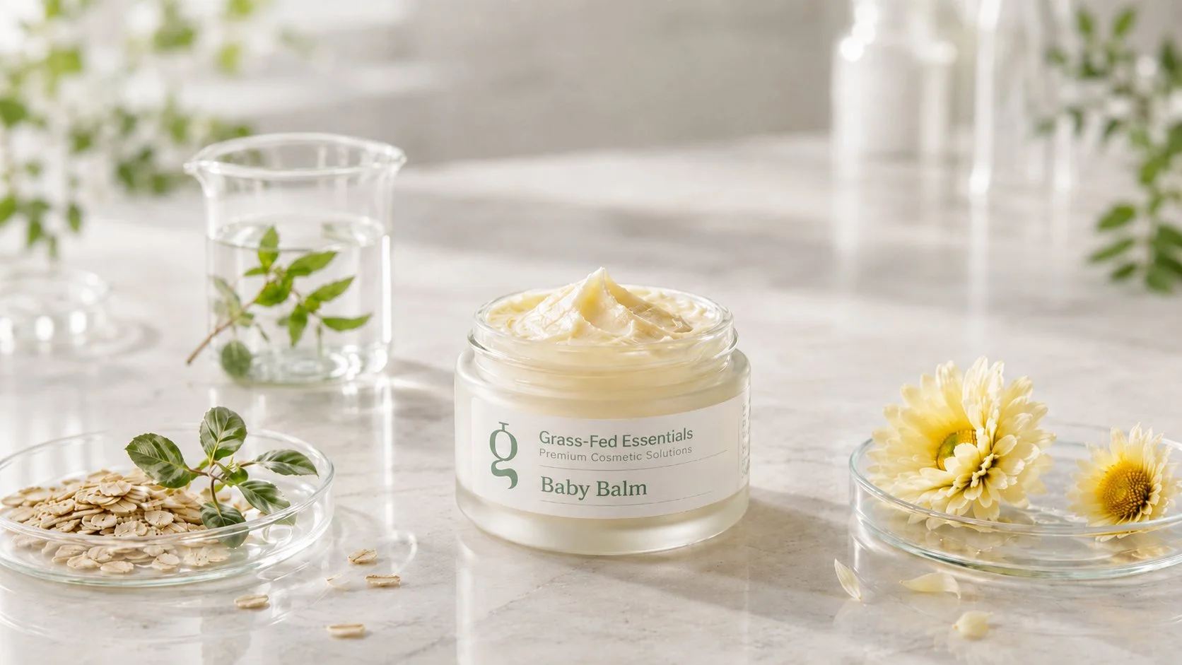 White-label whipped tallow baby balm in an open glass jar