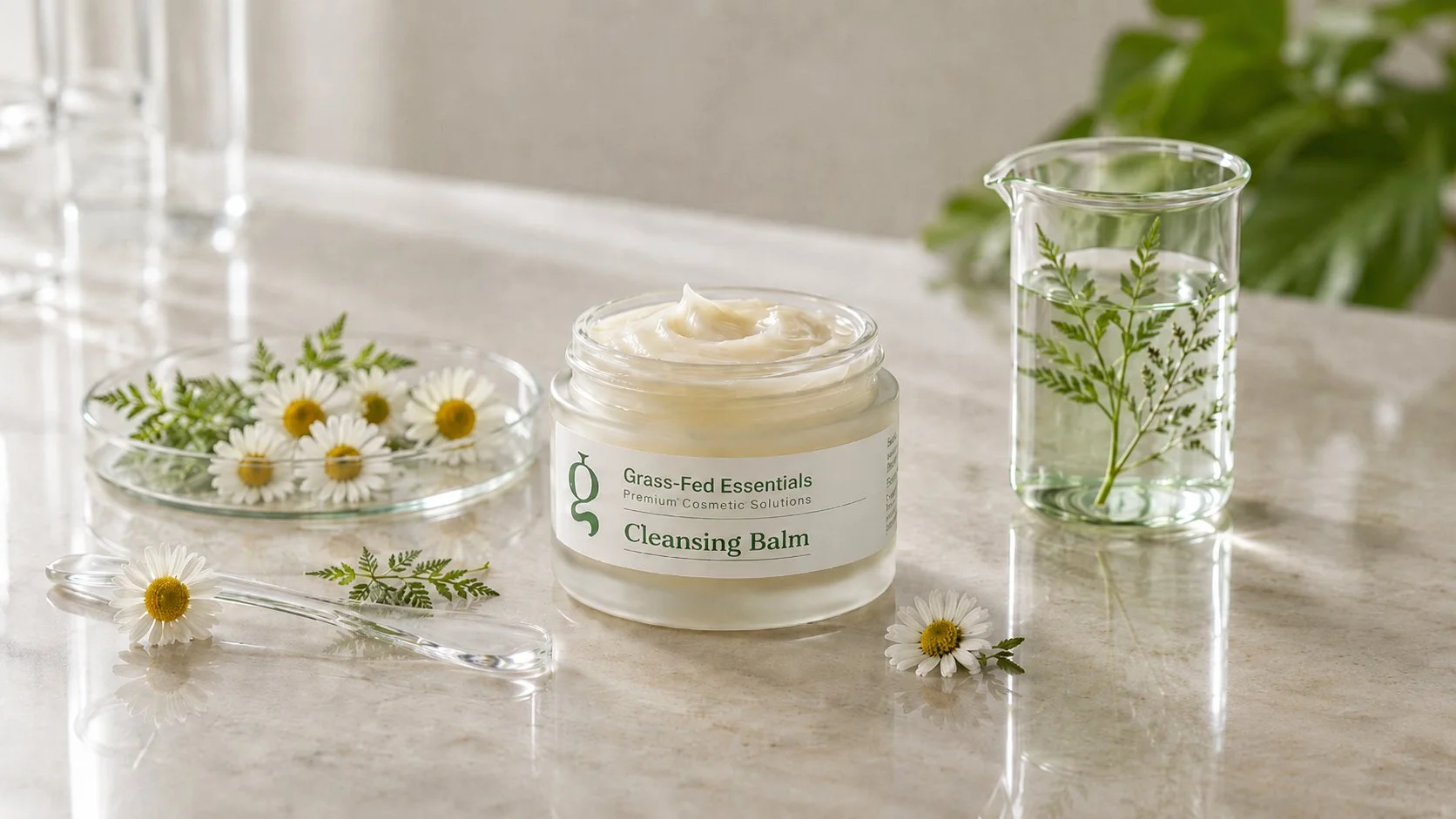 Cleansing balm jar with chamomile flowers