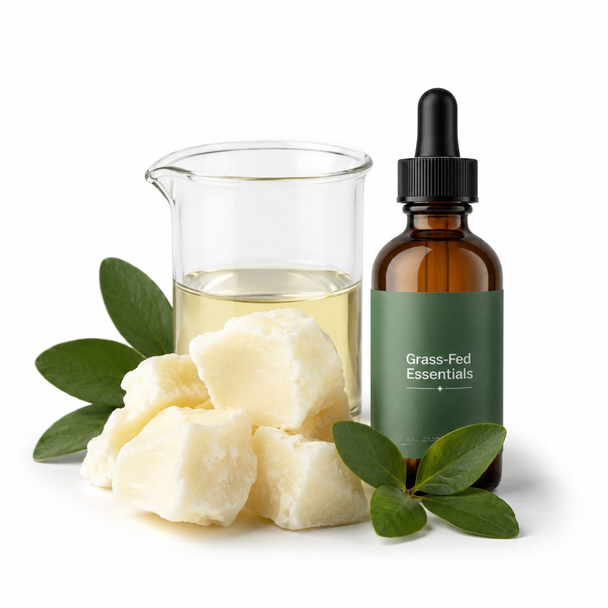 Raw grass-fed tallow, carrier oil in a beaker and a Grass-Fed Essentials dropper bottle with botanicals