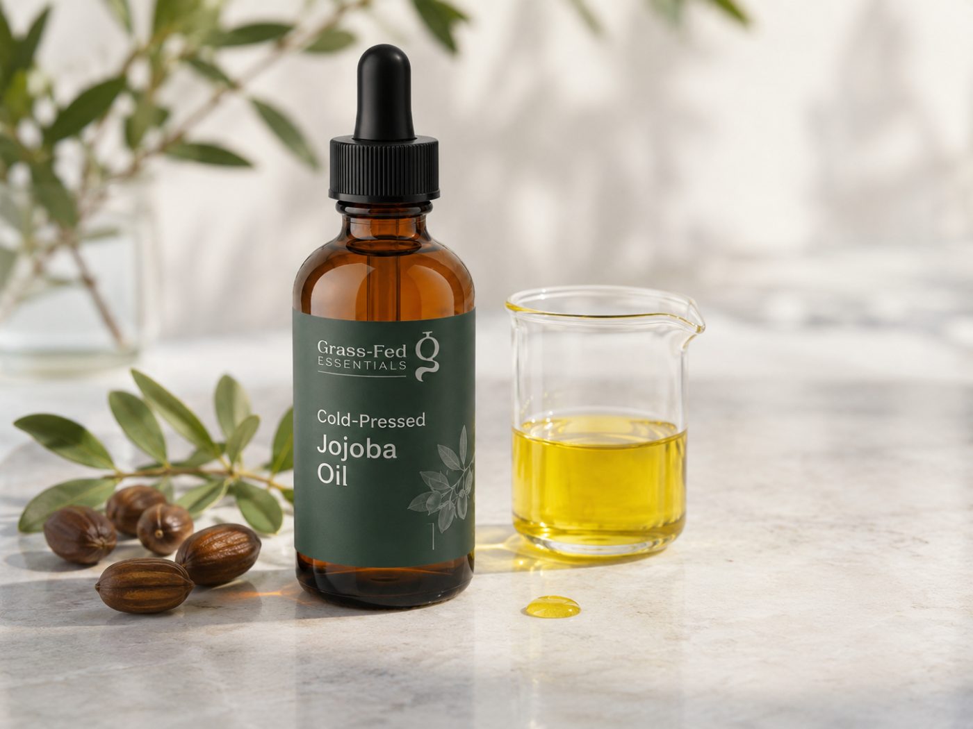 Grass-Fed Essentials cold-pressed jojoba oil with jojoba seeds and a beaker of oil