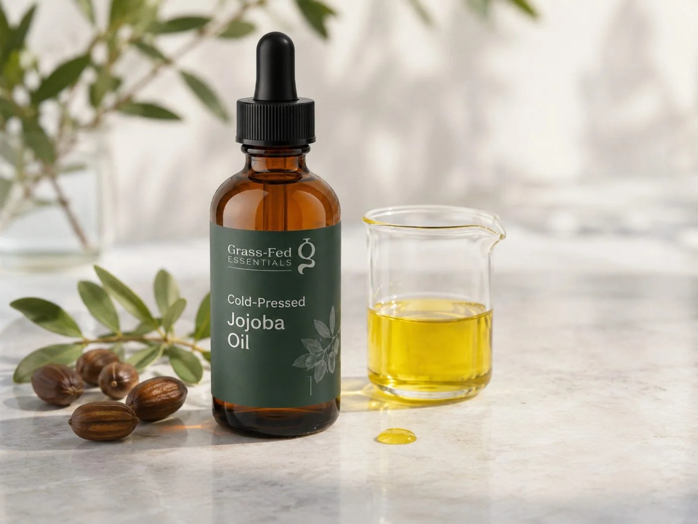Grass-Fed Essentials cold-pressed jojoba oil with jojoba seeds and a beaker of oil