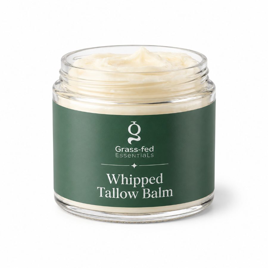 Grass-Fed Essentials whipped tallow balm jar with green label