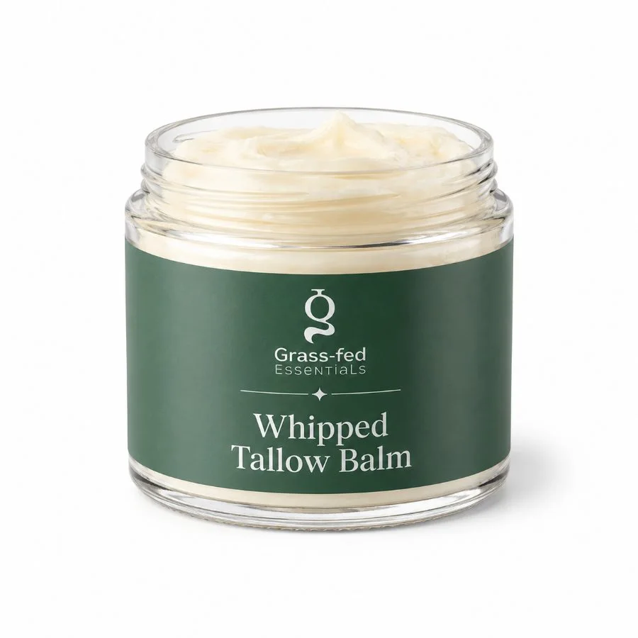 Grass-Fed Essentials whipped tallow balm jar with green label