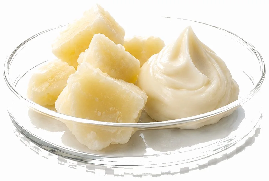 Rendered cosmetic-grade tallow pieces and whipped tallow in a glass dish