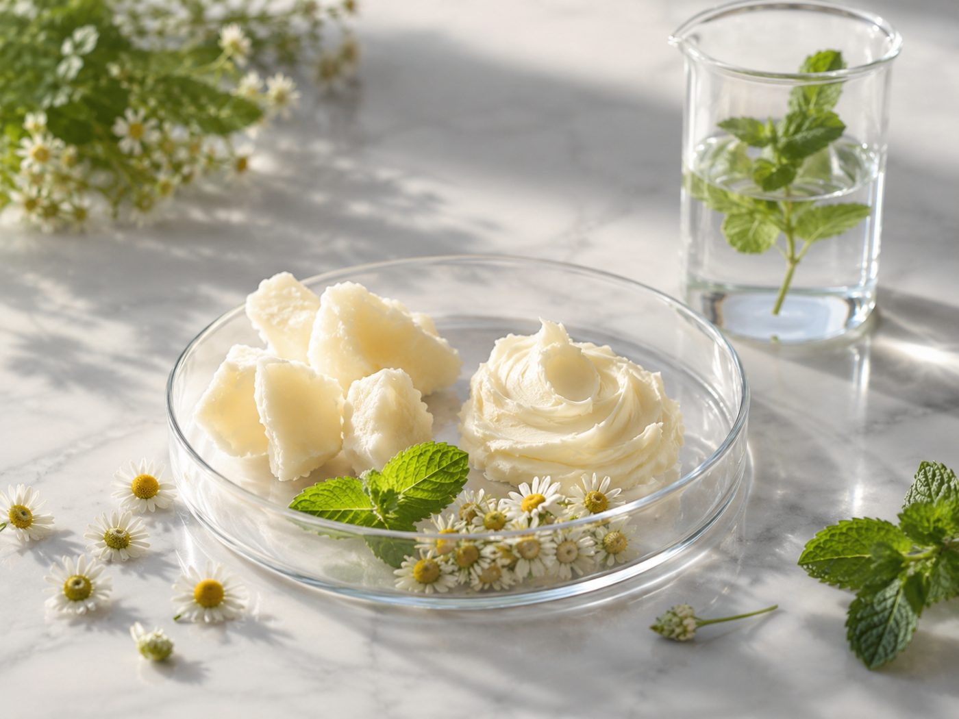 Tallow pieces and whipped tallow in a glass dish with chamomile and mint