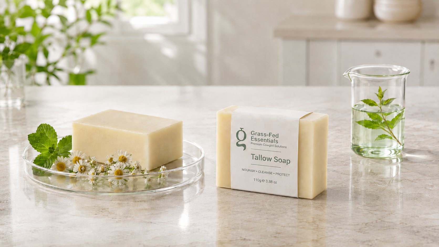 Tallow soap bars with chamomile on a glass dish