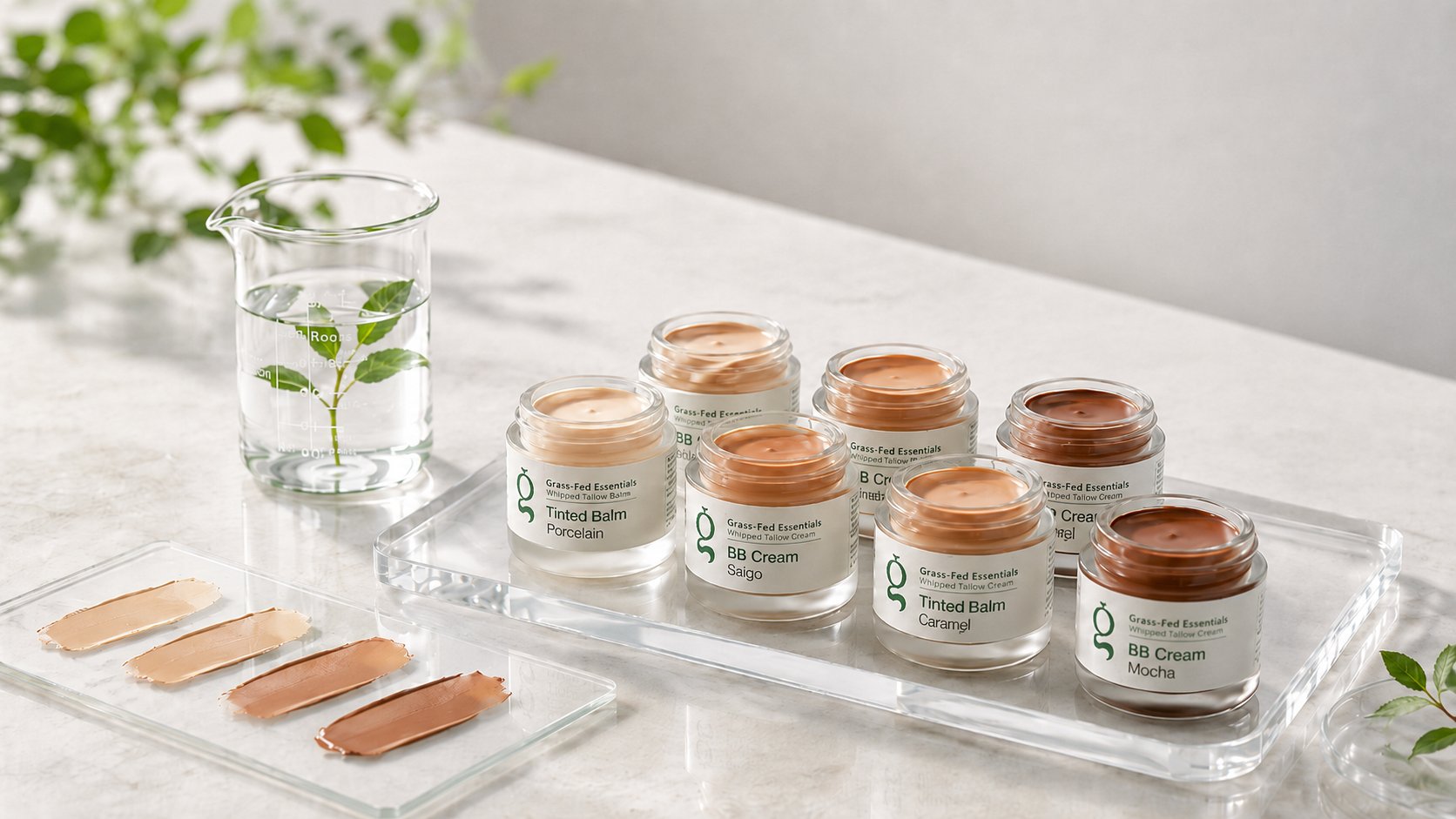 Custom tinted balm and BB cream shade range with drawdown swatches